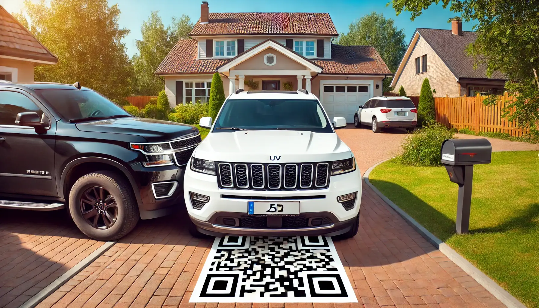 Mașină neagră care blochează ieșirea unui SUV alb de pe o alee, cu cod QR Scuza-Ma.ro pe pavaj