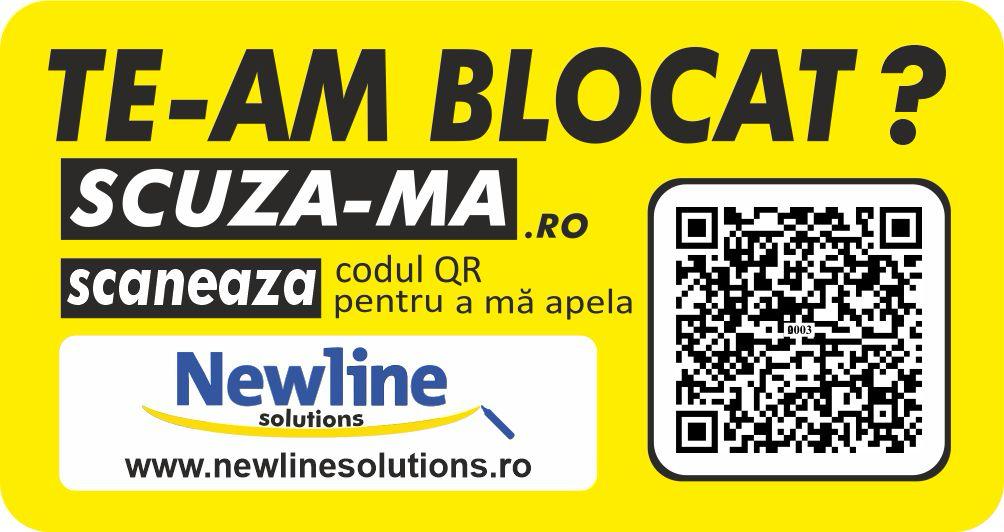 Sticker Scuza-Ma.ro personalizat cu logo de firmă — varianta pentru parteneri B2B, cu cod QR